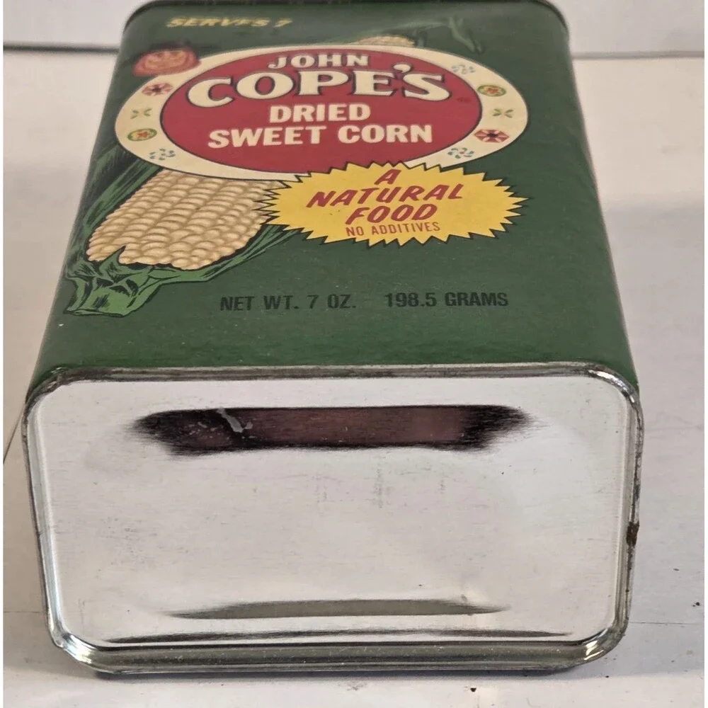 Vintage John Cope’s Dried Sweet‎ Corn Tin Can Mid Century Green Food Advertising